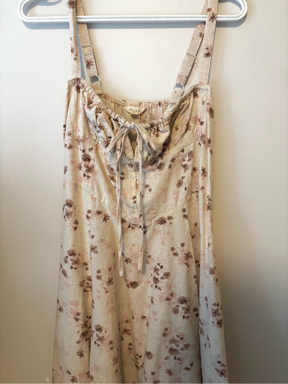 Sim & Sam Floral Tie-Front Sundress in Cream and Light Brown floral